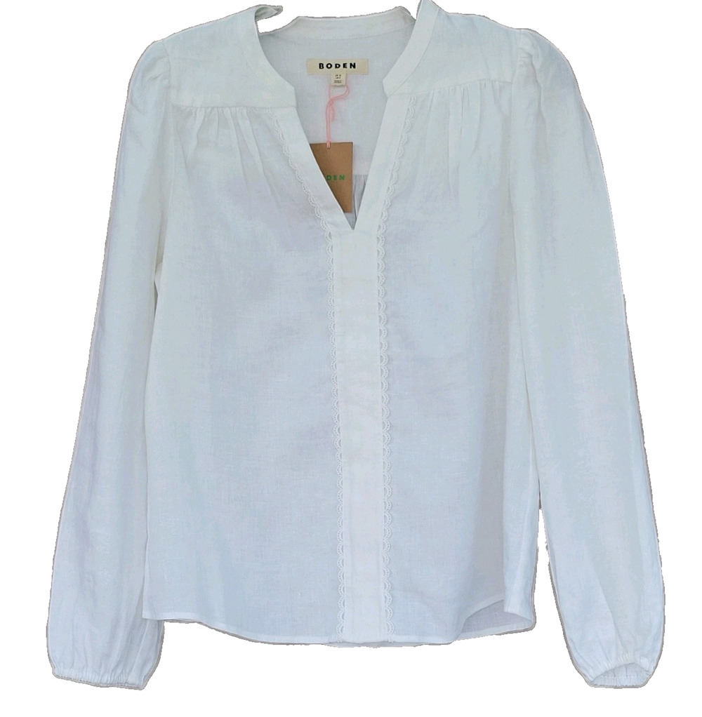 Boden Women’s White Linen Blouse US 8 V-Neck Lace Cottagecore Coastal Boho
